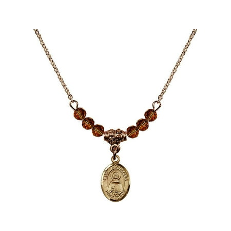 - 18-Inch Hamilton Gold Plated Necklace with 4mm Yellow November Birth Month Stone Beads and Saint Anastasia Charm