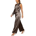 thumbnail image 3 of Pounoo Two Piece Sets for Women Satin Fabric Asymmetric Neck Short Sleeve Top Full Length Pants Elegant Style Daily Party Vacation Matching Outfits, 3 of 6