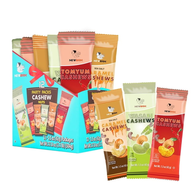 Mix Cashews Variety Packs (Wasabi, Tom Yum, Sea Salt Caramel) - 12 Cashew Snack Packs Roasted Nuts (1.5oz Each) – Keto, Vegan, Gluten-Free - Healthy Snacks for Trail Mix, Office, or Party
