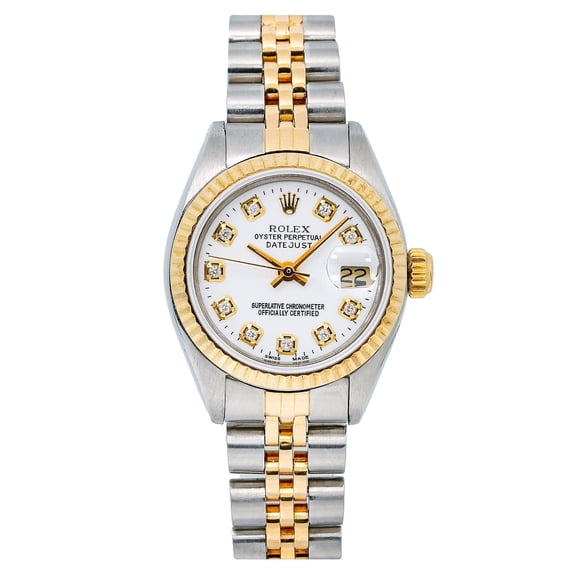 Pre-Owned Rolex Datejust 26MM 6917 White Diamond Dial Fluted Bezel Two Tone Yellow Gold Jubilee Bracelet