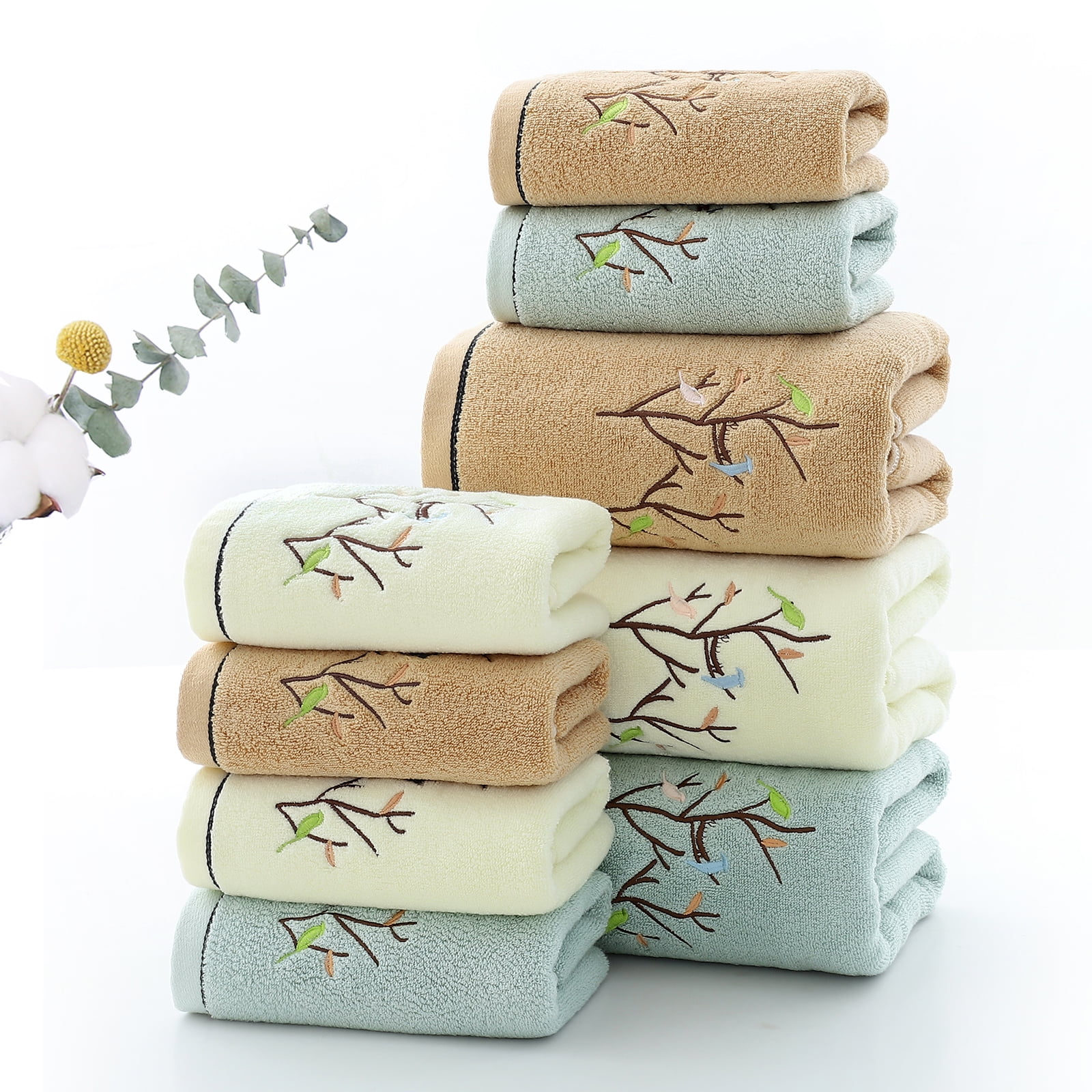 Pidada 100% Cotton Embroidered Bird Tree Pattern Hand Towels for Bathroom Set of 2 (Aqua Green)