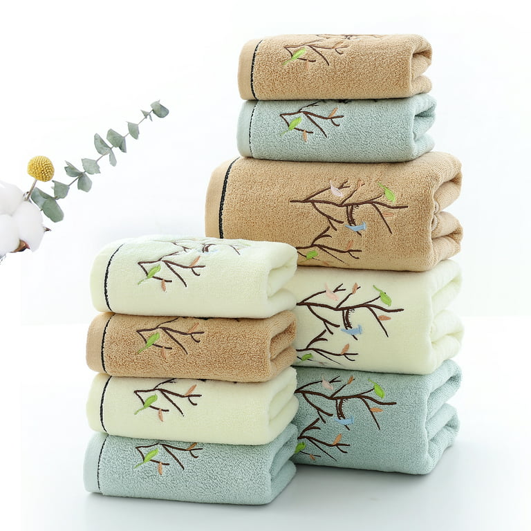 Pidada Hand Towels Set of 2 Embroidered Bird Tree Pattern 100% Cotton Absorbent Soft Towel for Bathroom 13.8 x 29.5 inch (Aqua Green)