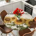 thumbnail image 2 of Round Fitted Tablecloths with Elastic Edge Hello Summer Blossom Sunflower Waterproof Wipeable Table Cover for Kitchen Dining Party Decor Retro Floral Green Leaves on Linen Table Clothes,55" - 60", 2 of 9