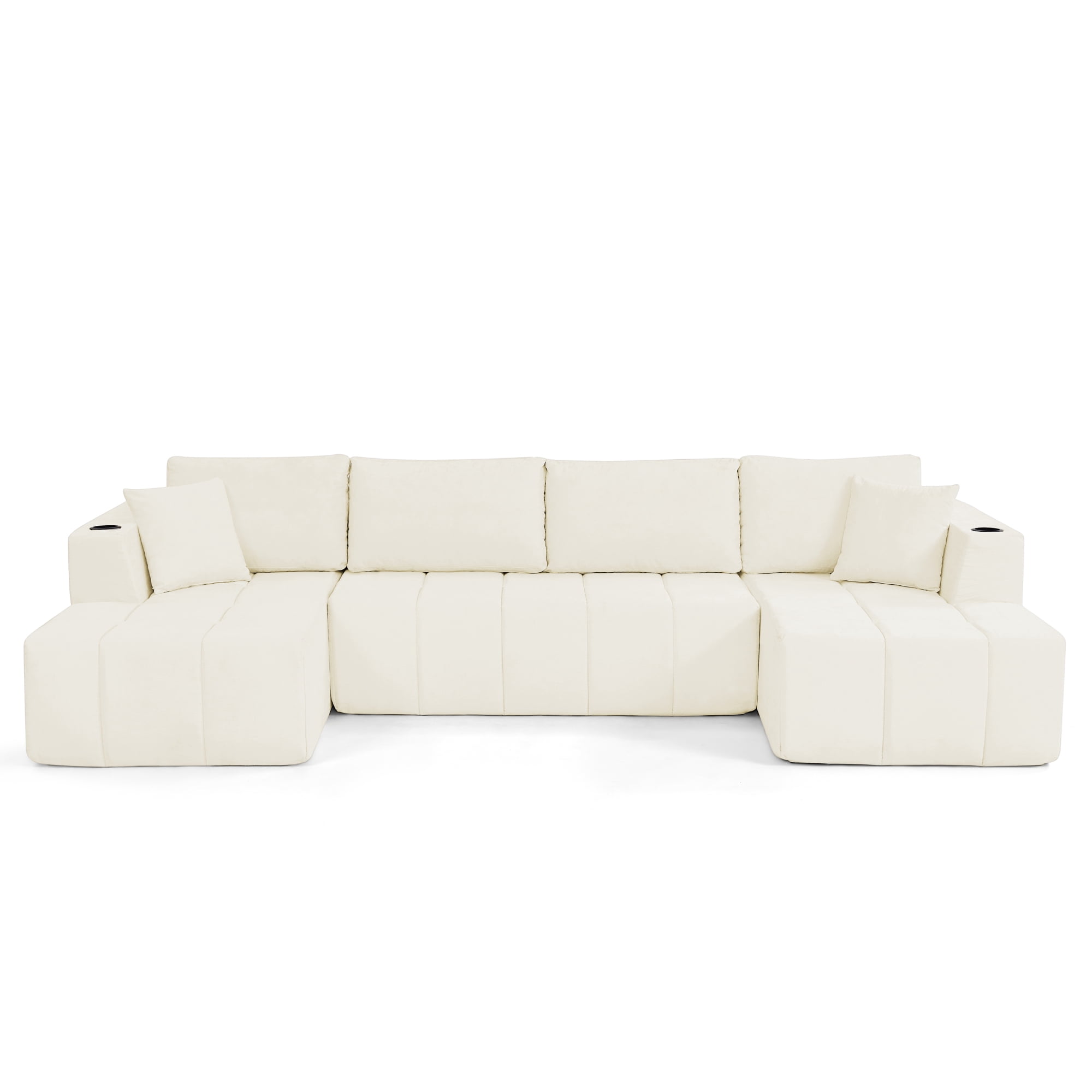 Leumius 132" U Shaped Sectional Sofa,Chenille Boneless Couch, Modern 4-Seat Upholstered Cloud Couch Sectional with Deep Seat and Cup Holders for Living Room,No Assembly Required,Beige