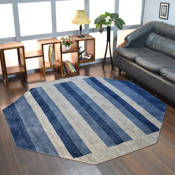 Rugsotic Carpets Handmade Rugs Hand Knotted Loom Octagon 6'x6' Blue Light Blue Wool for Indoor Use