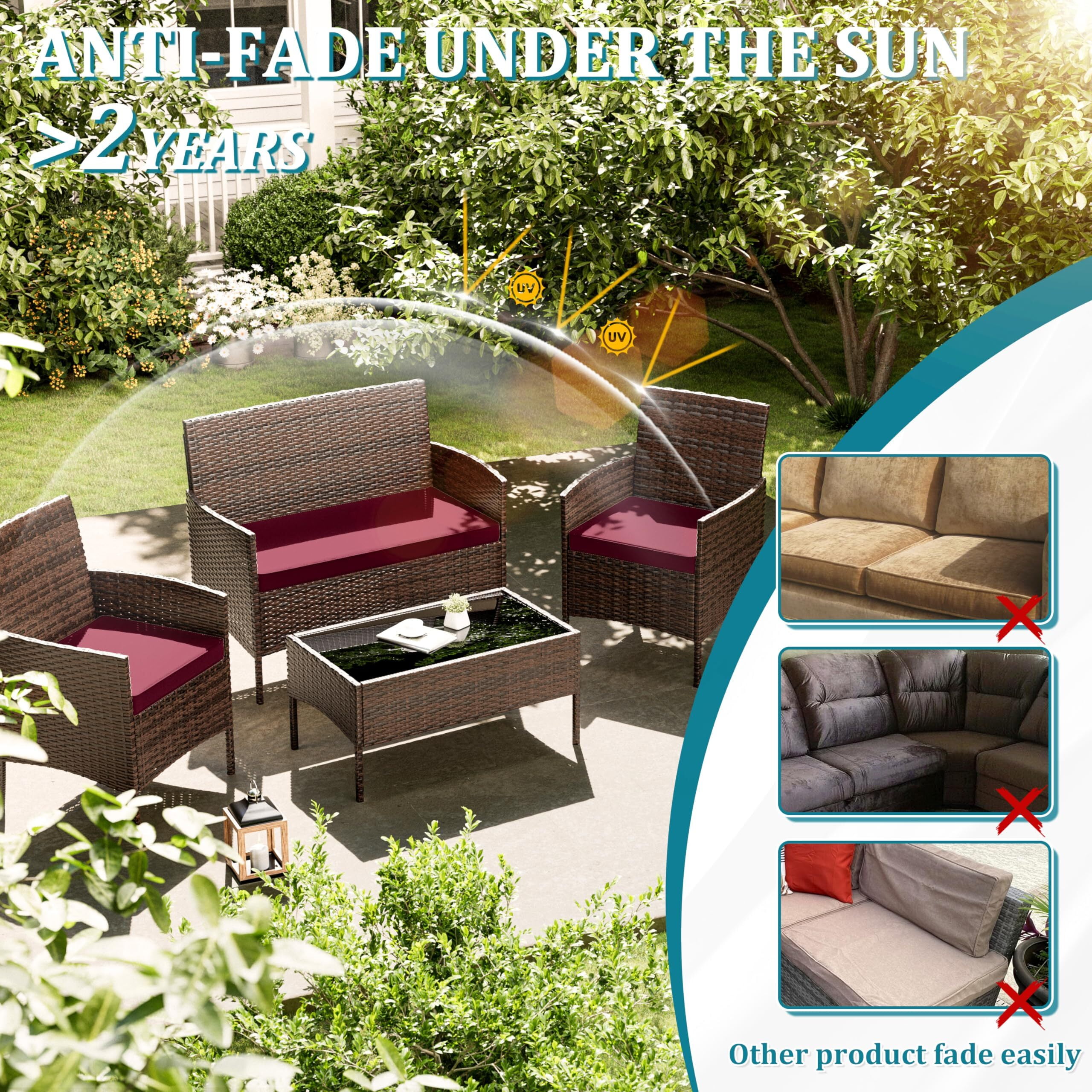 Pakunoda 3Pcs Patio Cushion Covers 4-Seater Outdoor Cushion Slipcovers Replacement with Zipper for Garden Couch Wicker Rattan Sofa Furniture, Cover Only, Burgundy
