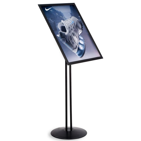 Height-Adjustable Poster Stand for 18 x 24 Graphics, Telescoping Post, Tilting Bracket, Floor-Standing Sign Holder for Portrait or Landscape Prints - Black, Aluminum (FST1824BLK)