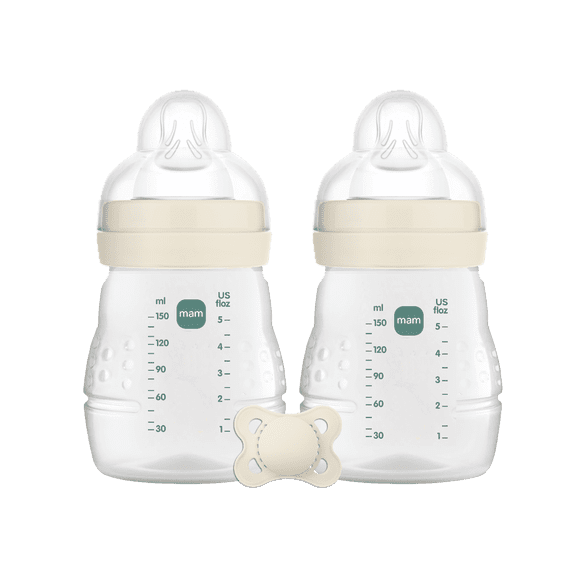 MAM 5oz Natural Baby Bottle with bonus Pacifier with Extra Slow Flow Nipple, 2 pack Unisex
