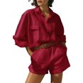 thumbnail image 2 of Costeam Womens 2 Piece Solid Matching Outfit Long Sleeve Crew Neck Top High Waist Wide Leg Pants Side Slip Pockets Soft Stretch Loose Casual Loungewear Two Piece Set, 2 of 5