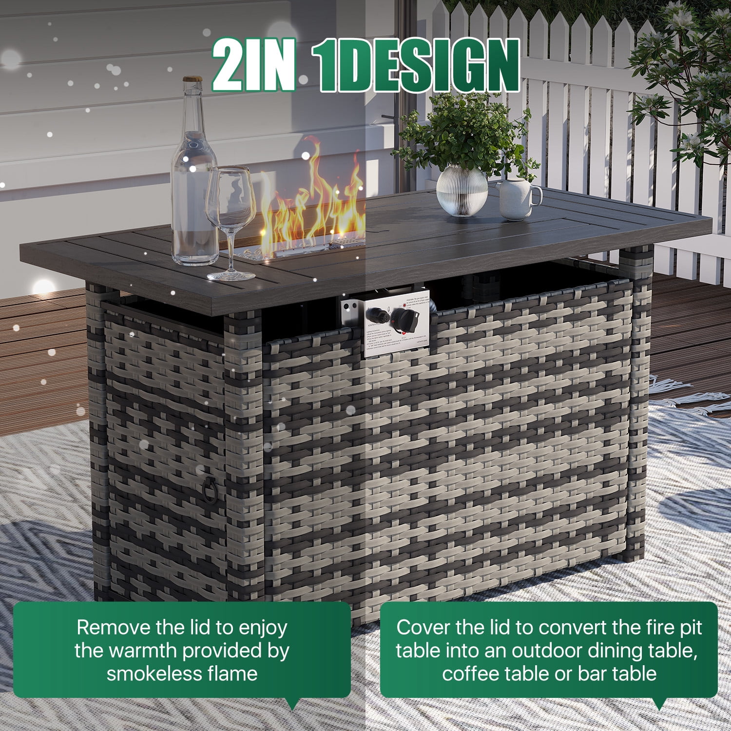 Clouddwell 12 Piece Patio Furniture Set with 44” Fire Pit Table Wicker Rattan Patio Conversation Set Outdoor Sectional Sofa Set with Coffee Table and Black Cushions(Waterproof Cover Included)
