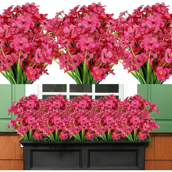 TIFOR 12 Bundles Artificial Flowers for Outdoor UV Resistant Faux Flowers No Fade Fake Plastic Plants Garden Porch Window Box Decorating (Rose Red)