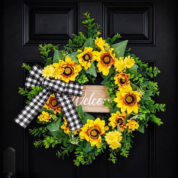 20 In Sun Flower Wreath with Welcome Sign, Spring Summer Wreaths for Front Door with Yellow Blooms and Buffalo Plaid Bow, for Window Wall Door Decor