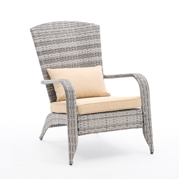 Unikome Outdoor Patio Adirondack Rattan Chair Front Porch Chair with Cushion & Pillow, Outdoor Reading Chair, Comfy Outdoor Wicker Chairs, Single Patio Chair for Garden, Backyard, Balcony, Grey