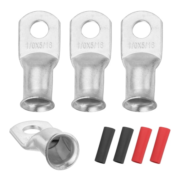 4 Pcs 5/16" Stud 1/0AWG Battery Lugs Ring Terminal with 4pcs Heat Shrink, Silver