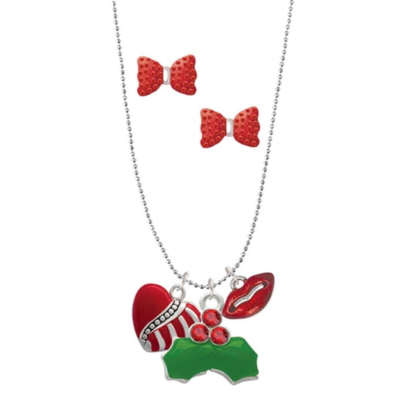 Delight Jewelry Silvertone Striped Red Enamel Heart with Beaded Decoration Christmas Kiss Charm Necklace and Stud Earrings