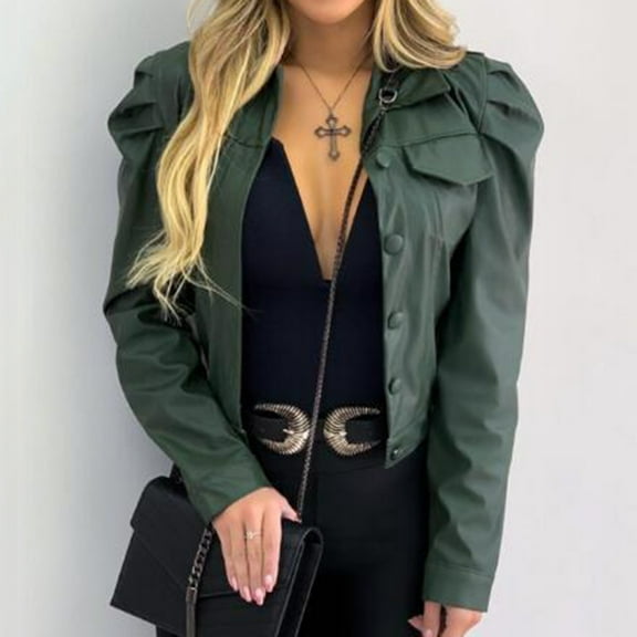 LoyisViDion Coat Women'S Street Short Lapel Frayed Breasted Denim Puff Sleeve Slim Leather Jacket Green 12(XXL)
