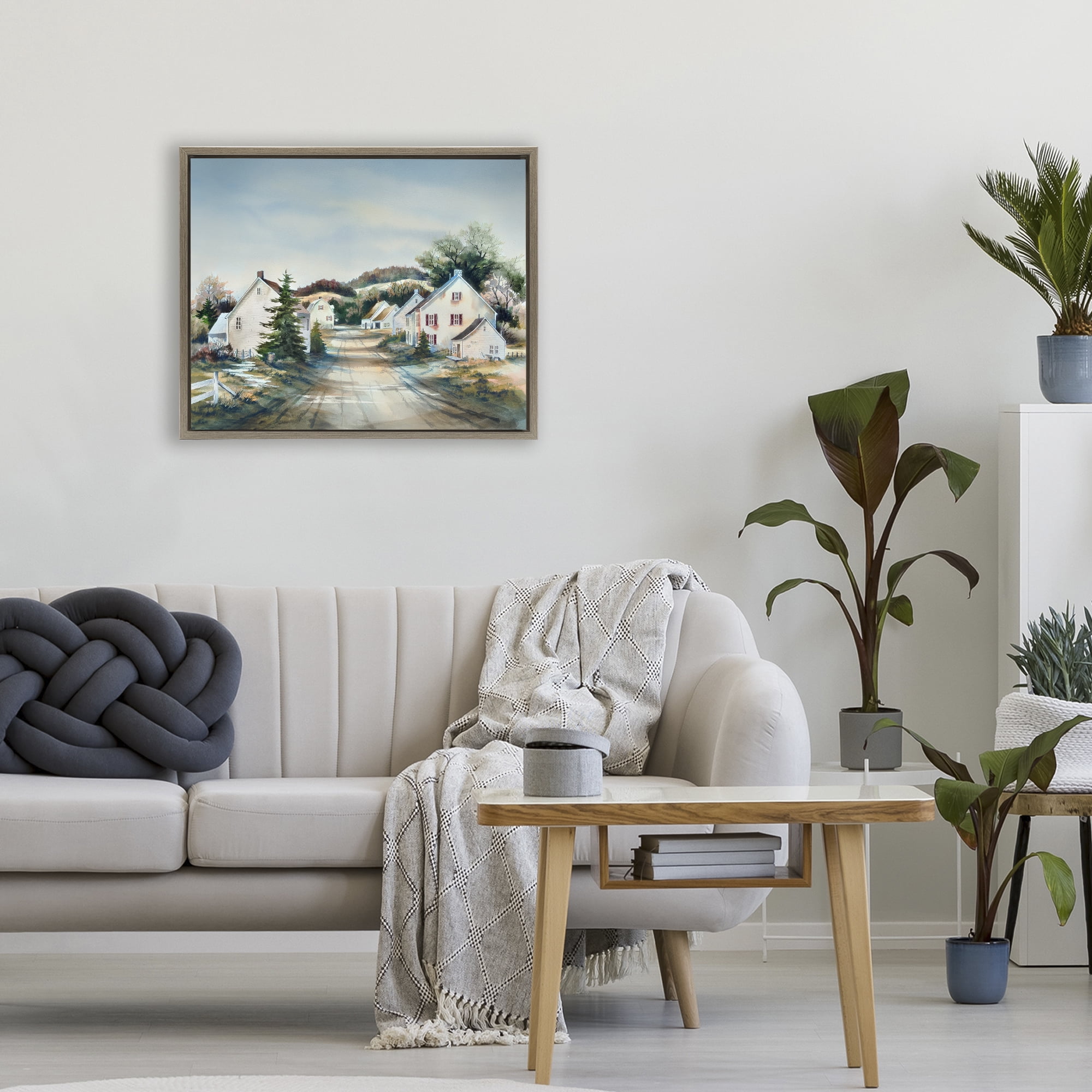 Stupell Industries Tranquil Village Road & Houses Brown Framed Floater Canvas Wall Art, design by Owen Wexler
