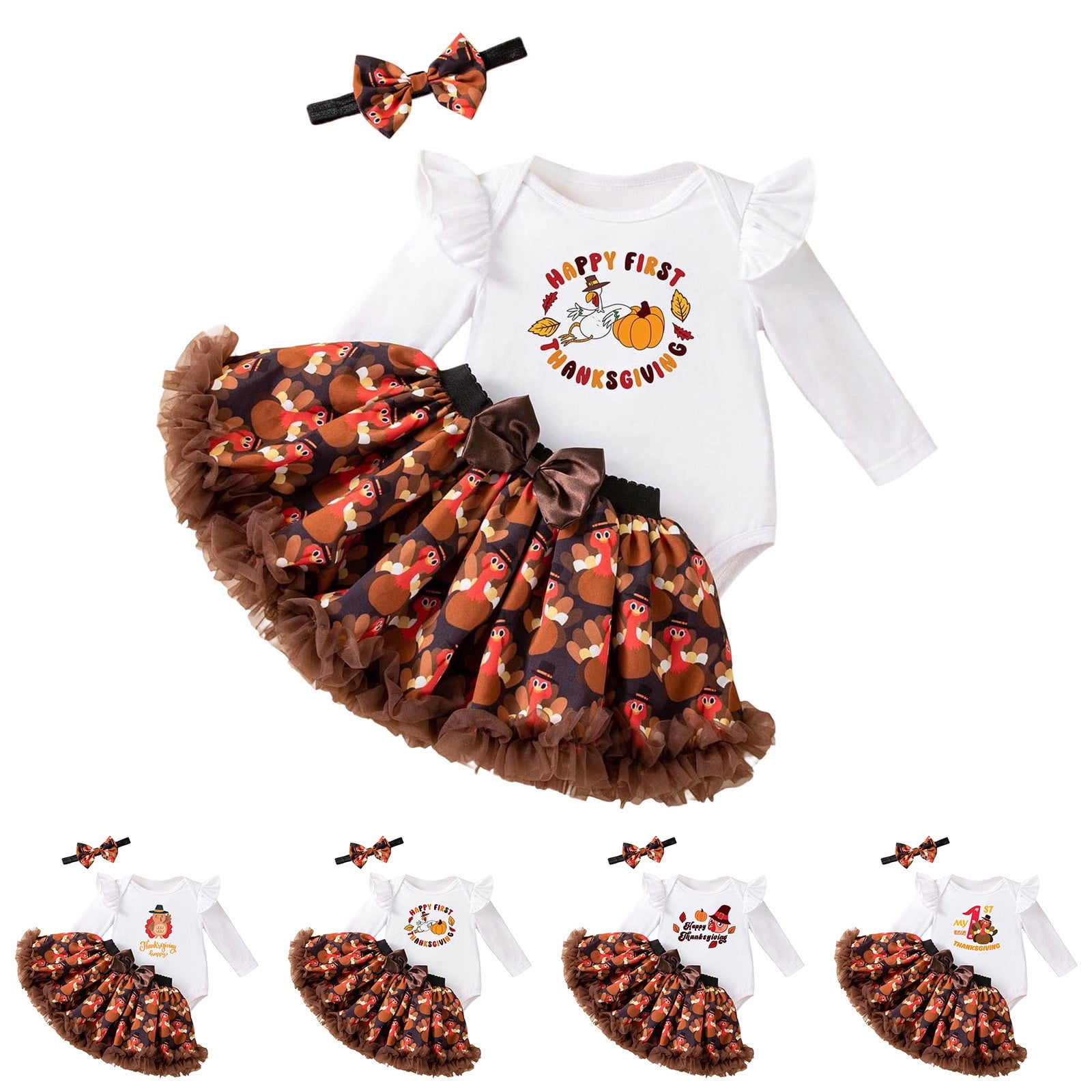 Gaexia Girls Fall Outfits Size 10-12 ,Thanksgiving Baby Girl Outfit 3 Piece Set Cute Turkey Print Long Sleeve Dress Headband Toddler Holiday Party Clothes for 1-18 Months