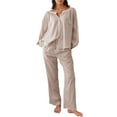thumbnail image 2 of Women Loungewear 2 Piece Set V Neck Button Down Puff Sleeve Tops Elastic Waist Pants Ruffled Hem Plaid Comfy Pajamas (M, Khaki-A), 2 of 9