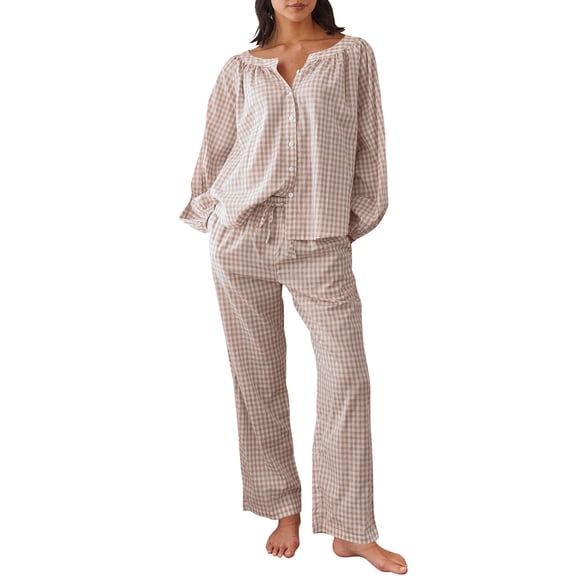 Women Gingham Pajama Sets Ruffle Long Sleeve Button Down Shirt and Pants Y2K Pjs Lounge Set Sleepwear with Pockets