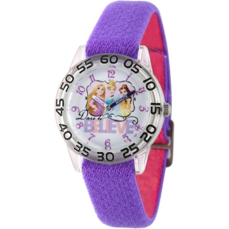 Watch Cinderella Princess Cinderella, Rapunzel and Belle Girls' Clear Plastic Time Teacher Watch, Reversible Purple and Pink Nylon Strap ()