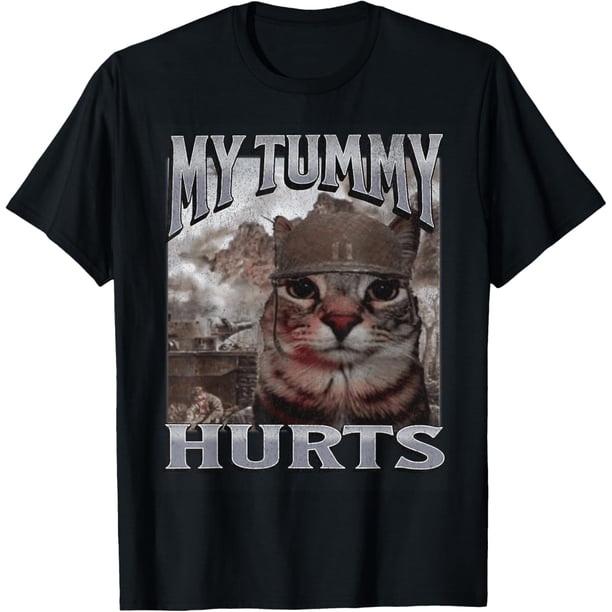 Camiseta gráfica pirata con meme gracioso de gato que me duele la barriga