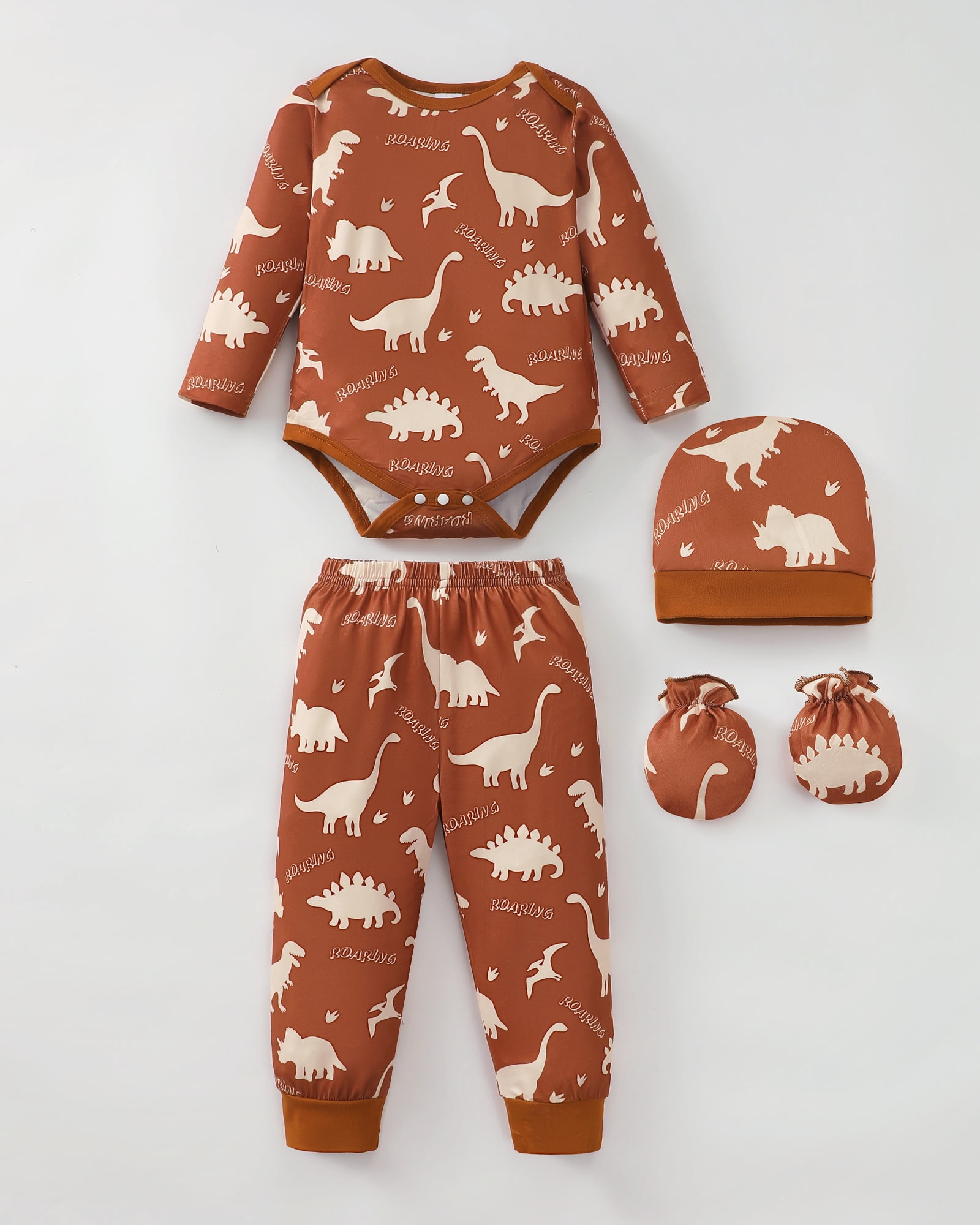 KIMI BEAR Newborn Baby Boys Layette Set 4 Packs Outfits Winter Clothes Sets Long Sleeves Romper Pants Dinosaur Print Stripped Top with Hat and Gloves 16pcs Gifts Brown 6-9 Months