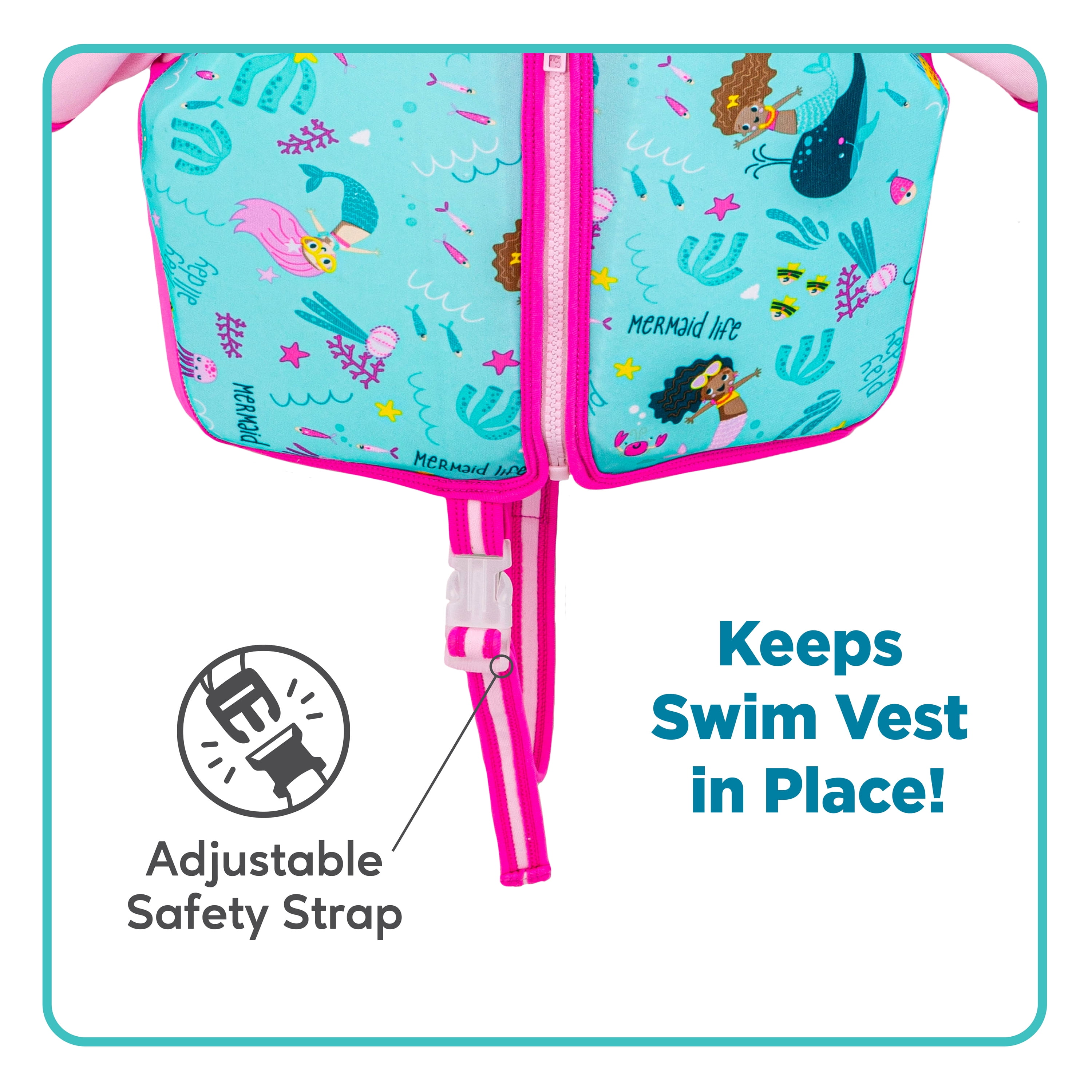 SwimSchool Pink Mermaid Swim Trainer Vest for Kids with Collar, Medium-Large, Ages 4-6 Years, Unisex