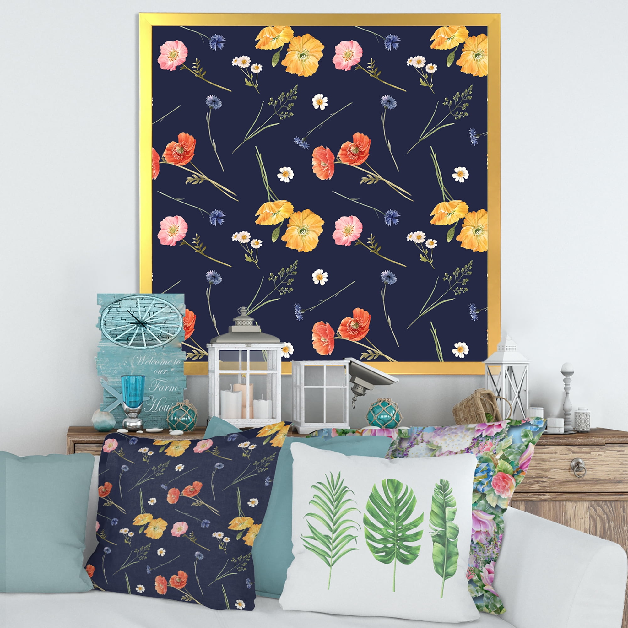 Designart 'Yellow and Orange Wild Flowers On Dark Blue' Traditional Framed Art Print