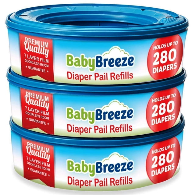babybreeze bolsas de repuesto para bote de pañales 840 unidades paquete de 3 — tres rollos cilíndricos apilados, vista frontal centrada con tapas azules; etiquetas muestran logo BabyBreeze, sello rojo que indica capacidad hasta 280 pañales y banda que señala "7 layer film". Compatibles con Diaper Genie Elite, Essentials, mini, complete y Munchkin; no compatibles con Diaper Genie Expressions. Su tamaño las hace adecuadas para reemplazar cartuchos en cambiadores domésticos.