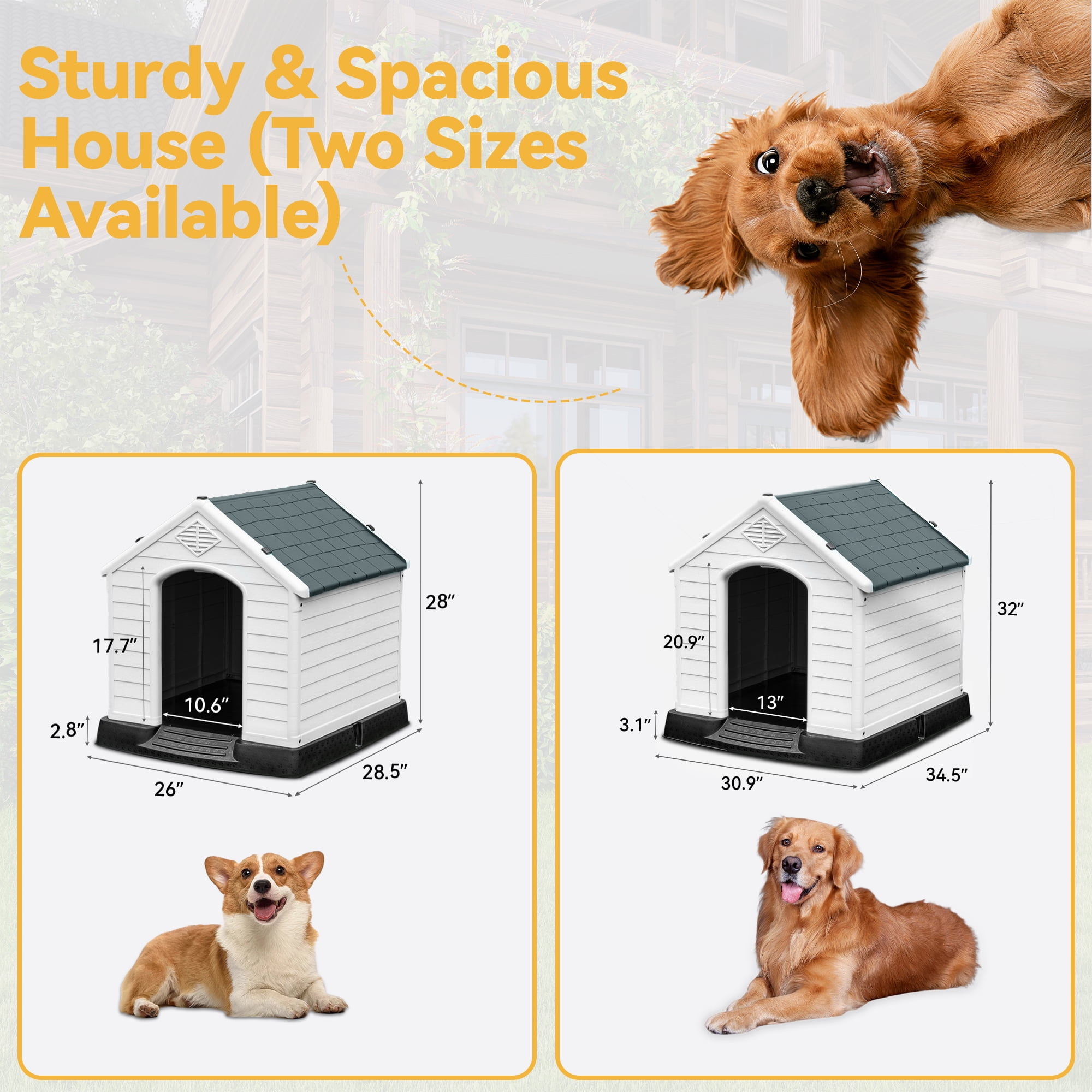Dextrus 28" Plastic Dog House, Waterproof with Elevated Floor & Air Vents, Easy Clean & Assemble, Gray