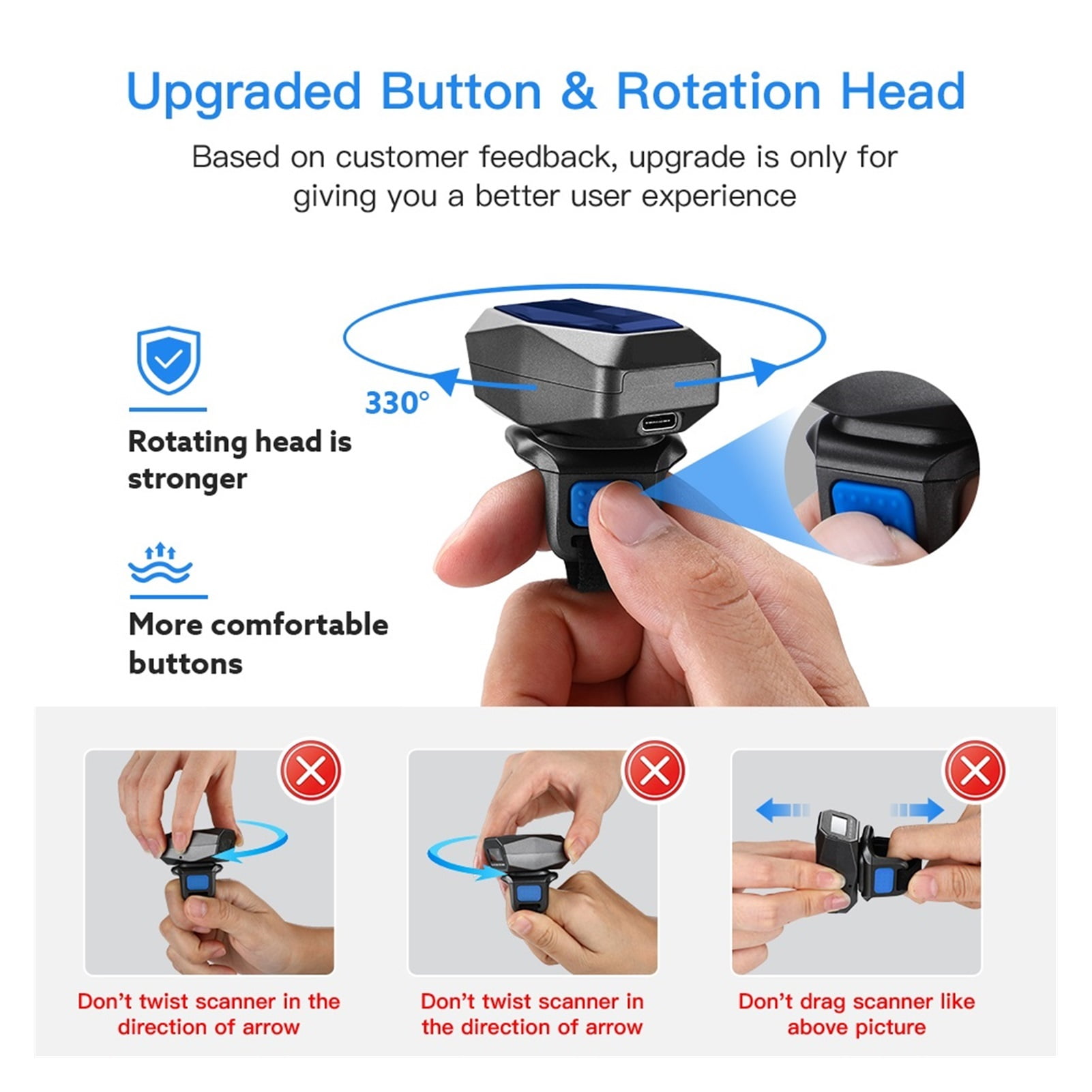 2D Wearable Ring Barcode Scanner Bluetooth 2.4G Wireless USB 3-in-1 1D QR Bar Code Reader Upgraded PDF417 Data Matrix ,Easy to Operate