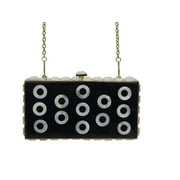 Beaute Bags Adult Women's Genuine Mother of Pearl and Crystal Jeweled Clutch Box Frame Clutch Evening Bag with Detachable Chain Shoulder Strap (Black/Circles)