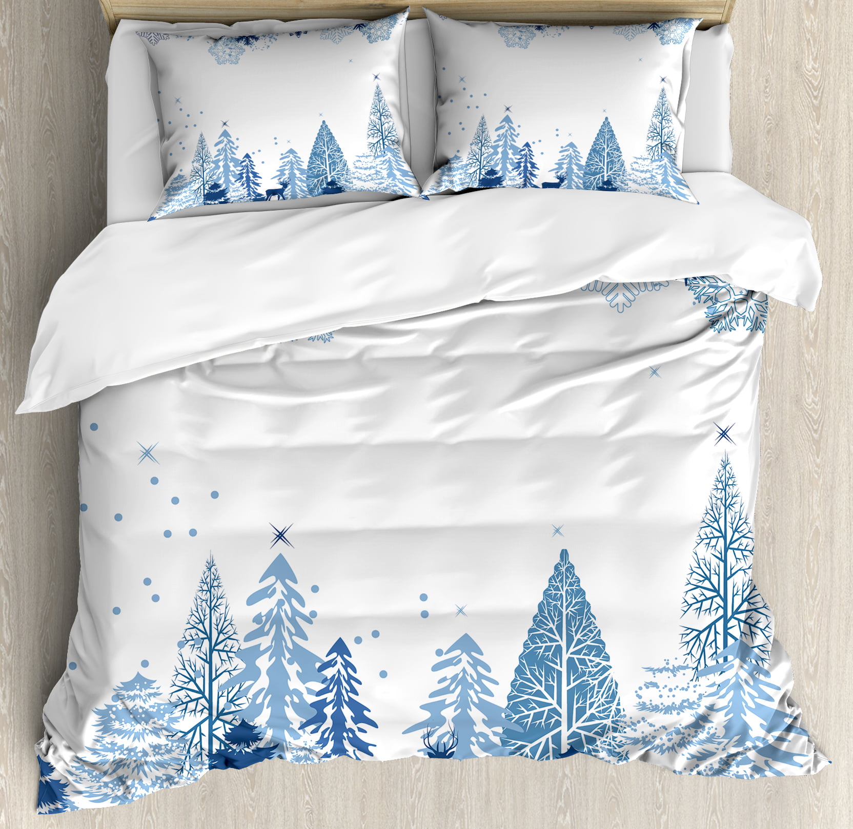 Winter Duvet Cover Set, Winter Scene with Deer Frozen Trees and Snow Christmas Season Pine Trees