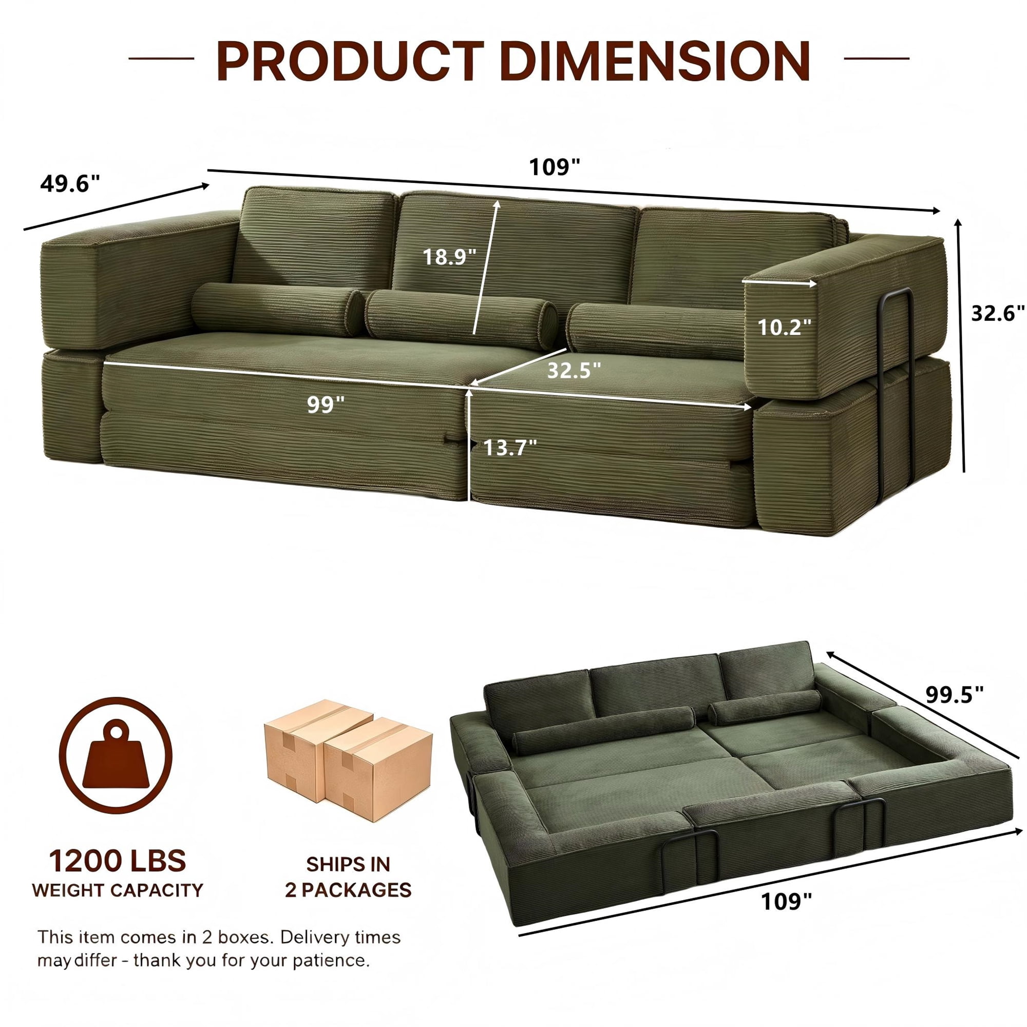Aukfa 109" Oversized Convertible Sofa Bed Futon with Fixed Frame, Folding Pull Out Modular Boneless Sofa for Living Room, Corduroy, Green