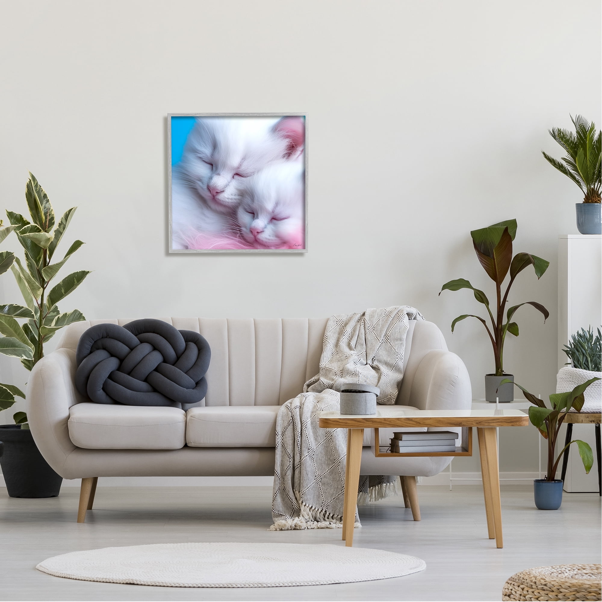 Stupell Industries Tucked In White Cats Animals & Insects Painting Gray Framed Art Print Wall Art, 24 x 24