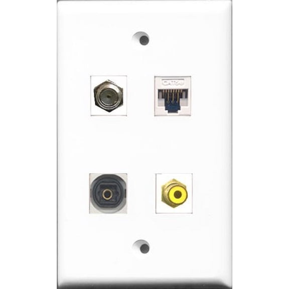 RiteAV 1 Port RCA Yellow and 1 Port Coax Cable TV- F-Type and 1 Port Toslink and 1 Port Cat5e Ethernet White Wall Plate