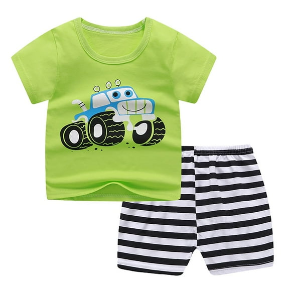 Toddler Baby Boy Summer Outfit Short Sleeve Letter Print T Shirt Top and Casual Shorts Set Cute Infant Newborn Clothes Green 18-24 Months