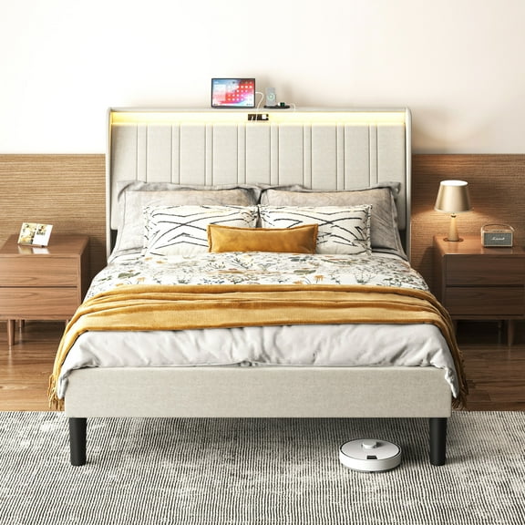 Full Size Upholstered Bed Frame with LED Lights, Platform Bed Frame with Fabric Upholstered Headboard, Beige