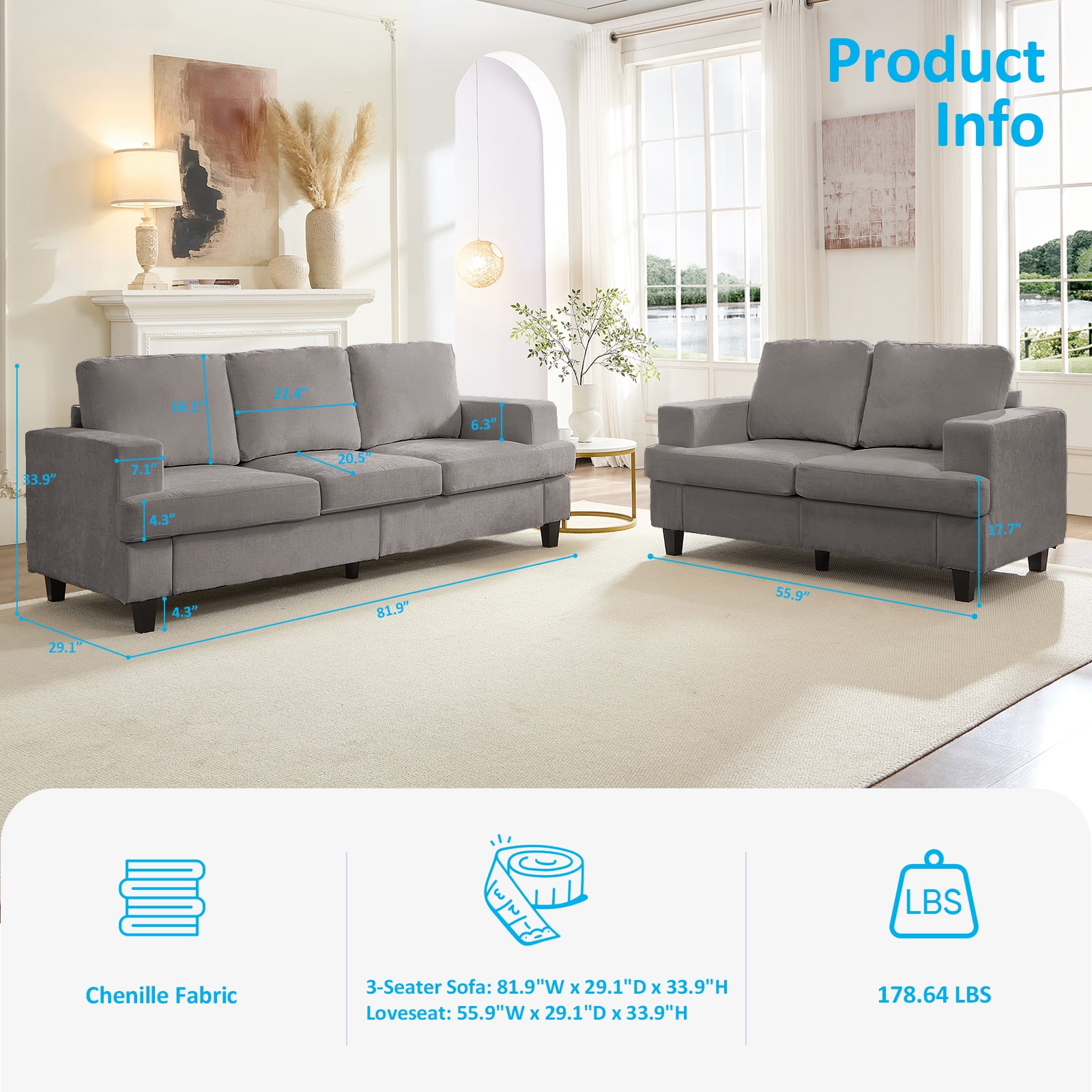 ZAFLY 2 Piece Living Room Sofa Set with Solid Wood, Chenille Couch