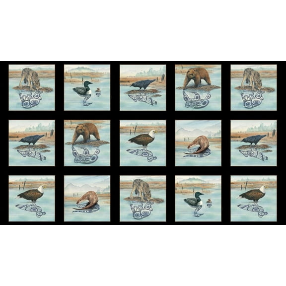 24" X 44" Panel Animals Bears Eagles Crows Ravens Otters Wolf Wolves Native Reflections Elizabeth Studios Black Cotton Fabric Panel (29001BLACK)