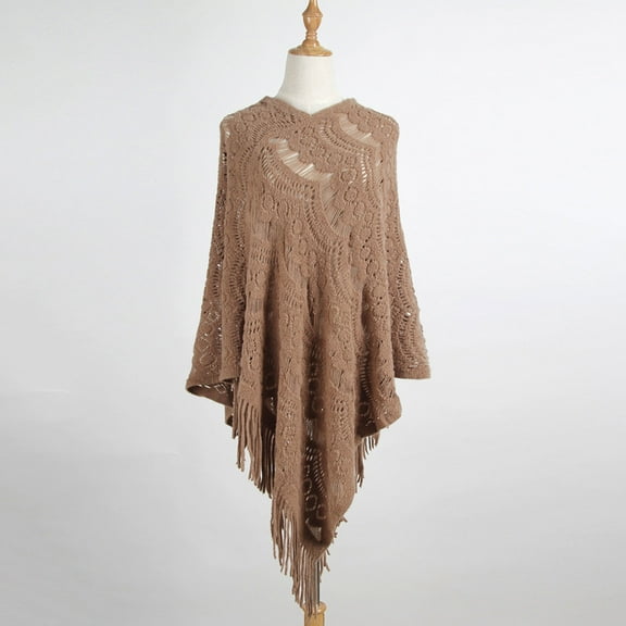 WNEGSTG Women Mid Length Crochet Hollow Irregular Tassel Pullover Sweater Cape Shawl Knit