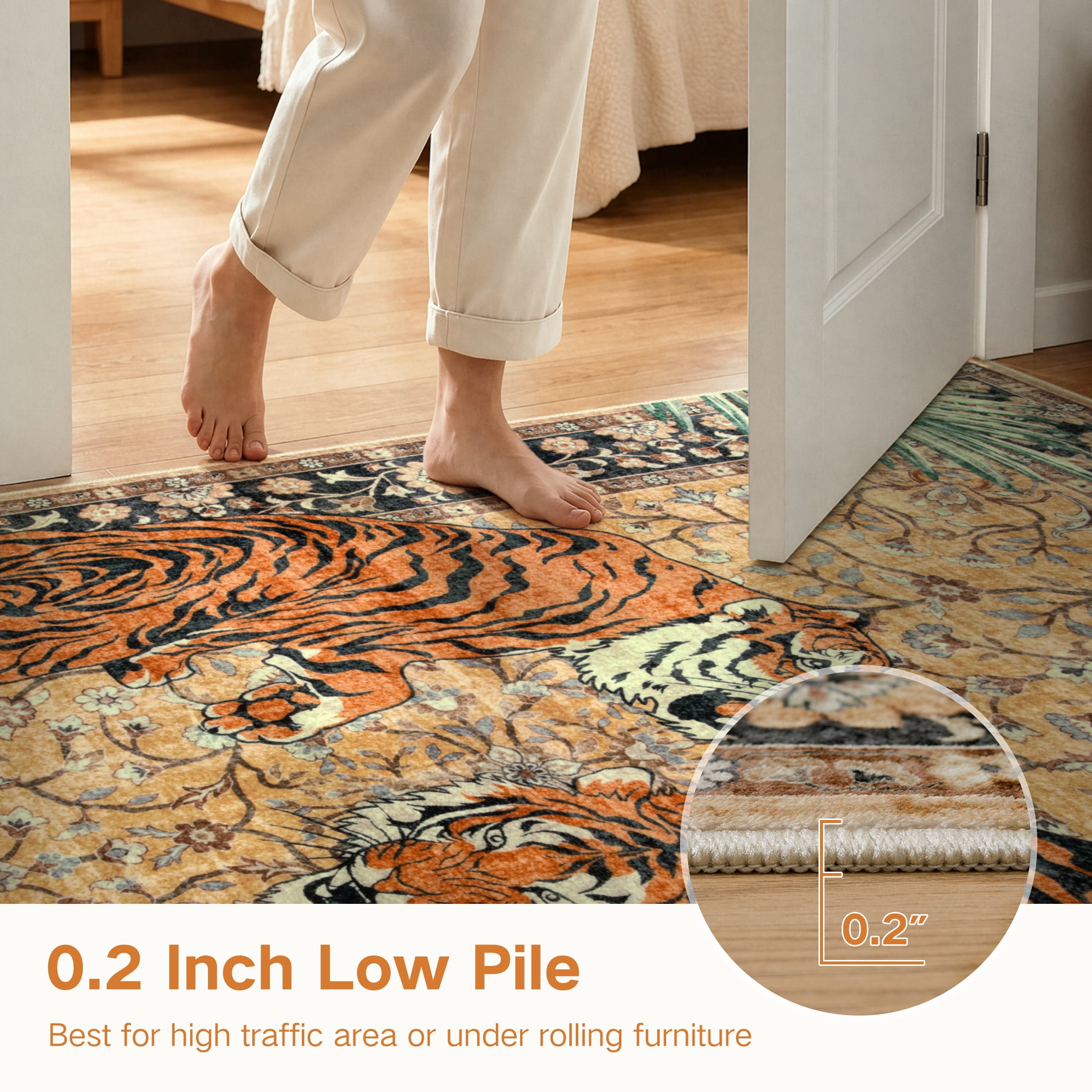 Moynesa 5'x7' Vintage Tiger Area Rug, Boho Traditional Washable Rug for Living Room Bedroom Dining Sunroom, Distressed Botanical Floral Accent Carpet, Soft Low Pile Non Slip Stain Resistant, Camel