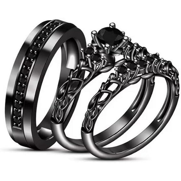 beryl_creation Unisex 925 Sterling Silver 2.25 Ct Round Cut Black Diamond Wedding Engagement Trio Ring Set 14K Black Gold Plated For Men's & Women's -7.5