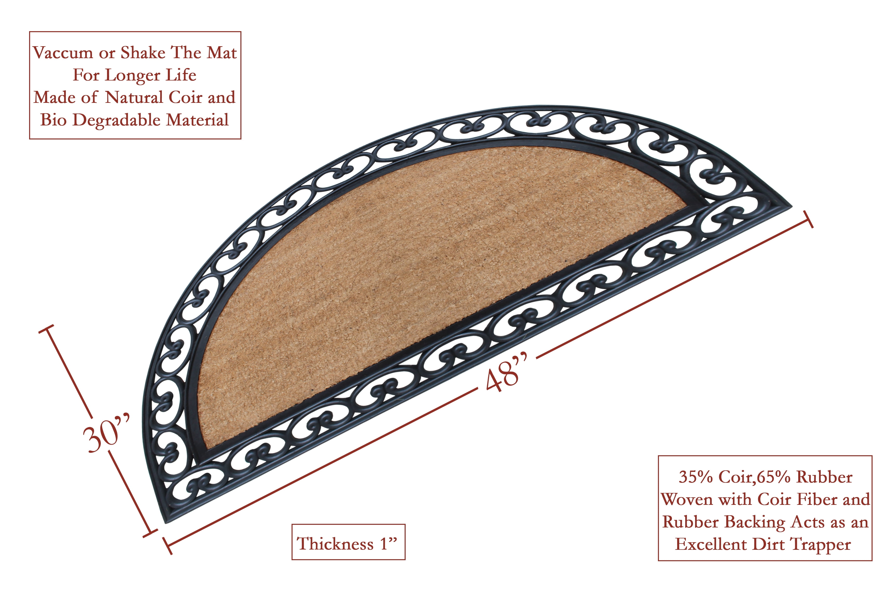 A1HC Half Round Rubber and Coir 30" x 48" Classic Black Double Doormat