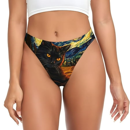 Qokaie Starry Night Cat Guitarist A Printed Women s Cotton Thong Underwear  Sexy Breathable Panties G-string-Medium