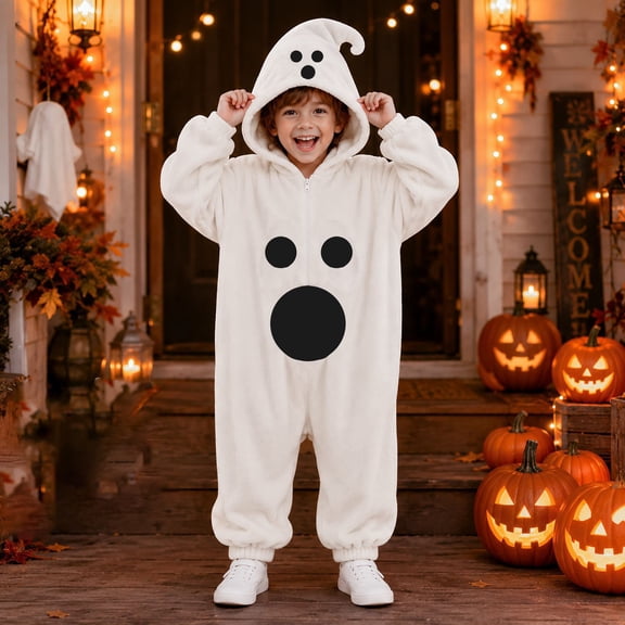 XXWXYD Ghost Hooded Plush Jumpsuit for Kids Boys Girls, Zip-Up Halloween Dress-Up Outfit with Curled-Tip Hood and Spoky Face Print for Trick or Treatinging