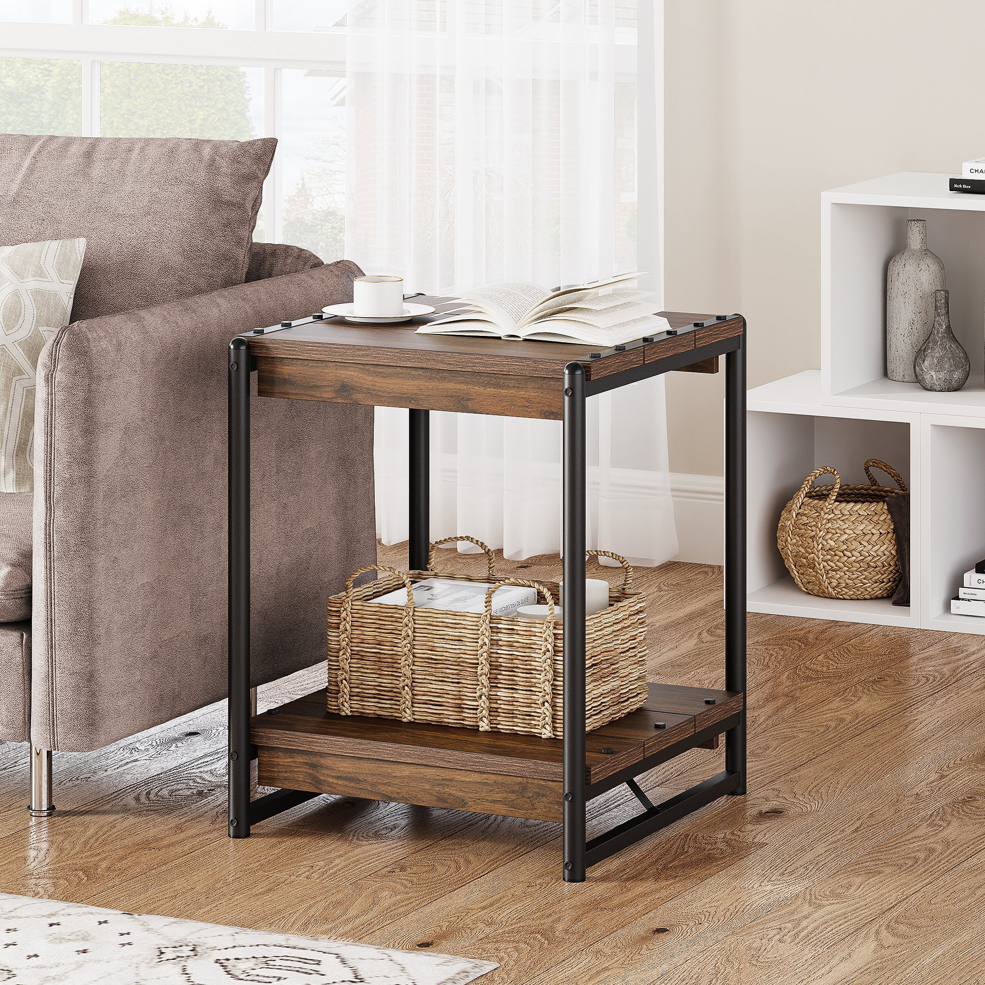 Coromose Industrial End Table for Living Room, 2Tier Sofa Side Table
