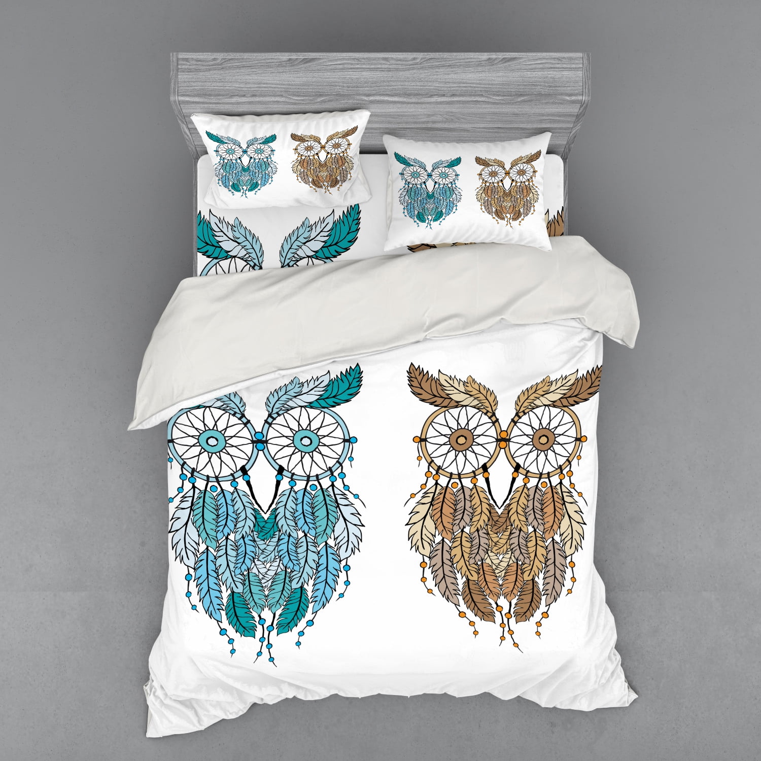 Owl Duvet Cover Set, Dreamcatcher Style Owl Features Magic Farsighted Birds Print, Bedding Set