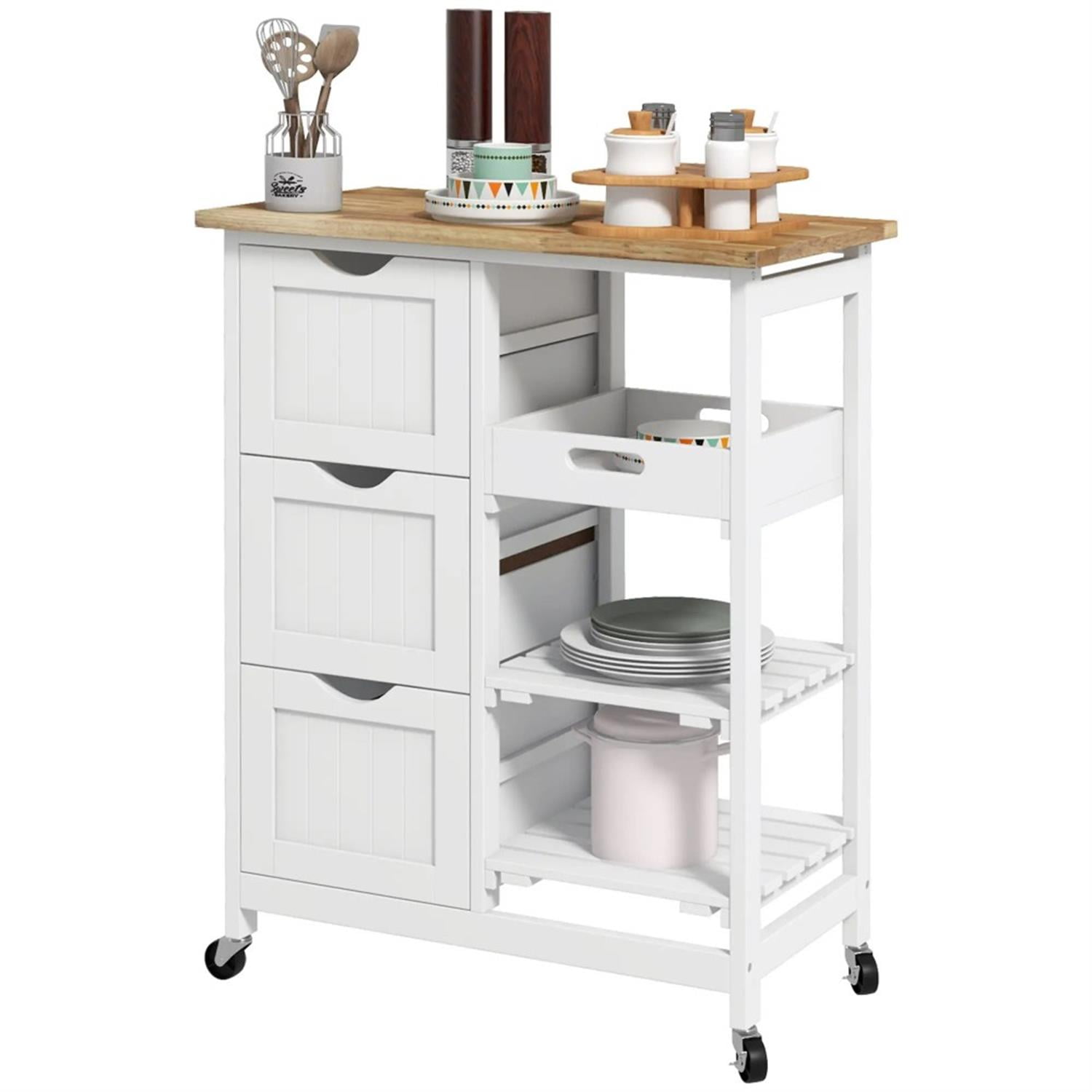 Demi Bonn 33" Kitchen Island Cart on Wheels with Shelves, Rolling Dining Room Serving Utility Carts Mobile Movable with Wood Top and Drawer, White